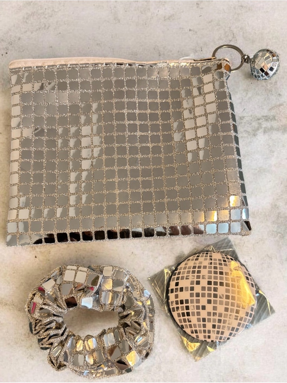Silver Mosaic Cosmetic Pouch & Accessories Set